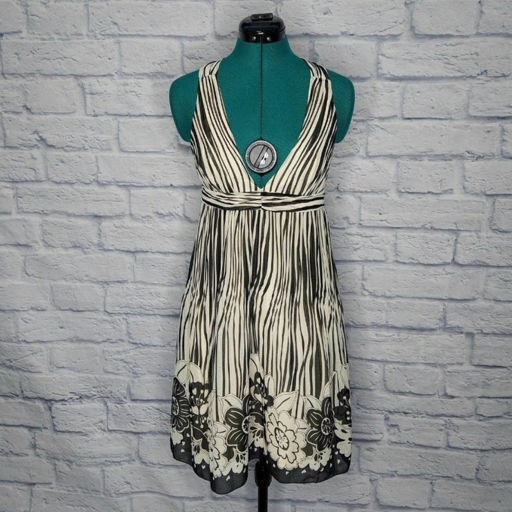 Alice + Olivia Womens White Black Floral V-Neck Fit & Flare Dress Size Small